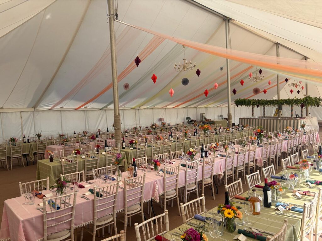 Colourful wedding marquee set up